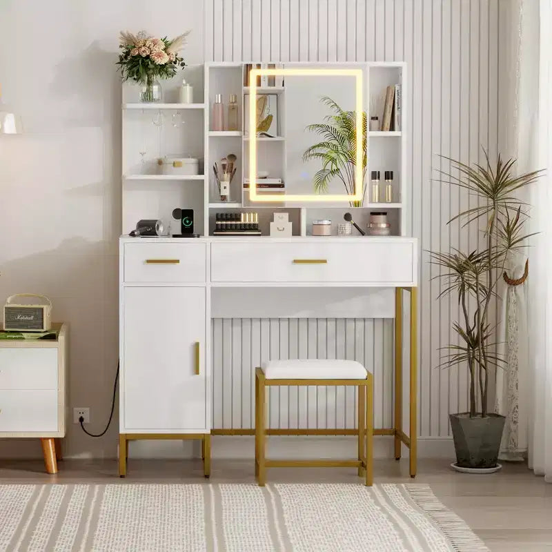 Coiffeuse, commode adulte, coiffeuse avec lumières en 3 couleurs, station de charge, tiroirs, pour salle de bain, chambre à coucher, blanc