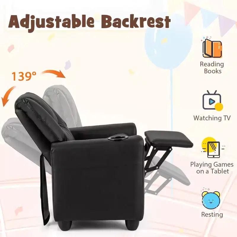 Fauteuil inclinable pour enfants Costway avec porte-gobelet et poche latérale Dossier et repose-pieds réglables Beige/Noir/Rose/Marron