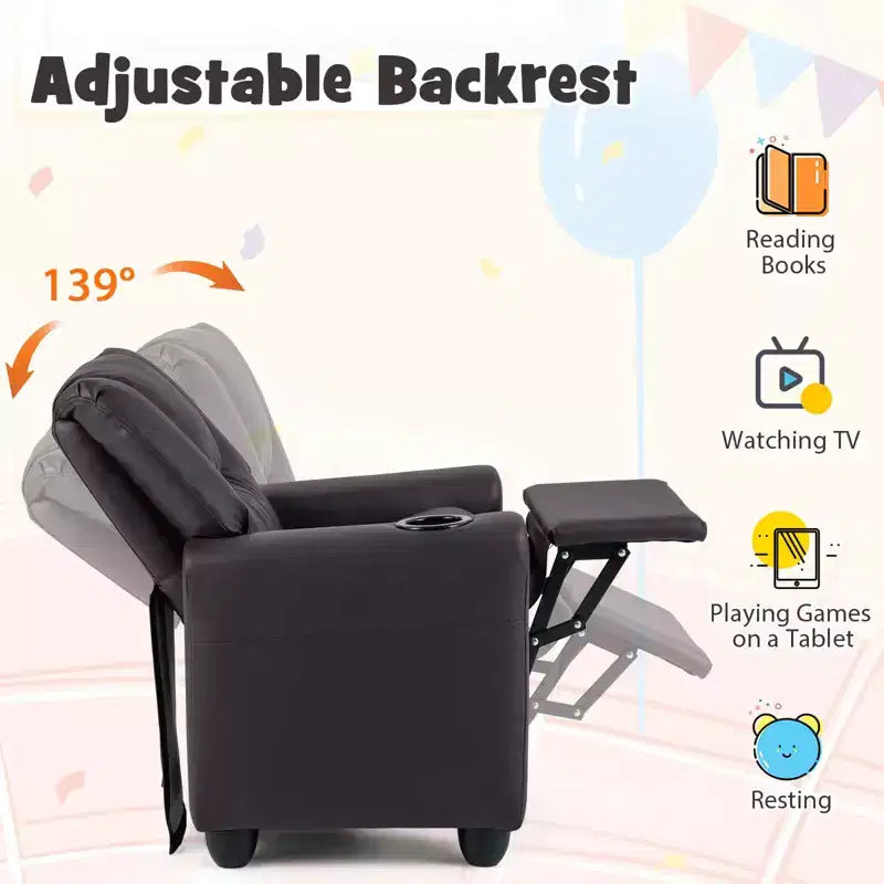 Fauteuil inclinable pour enfants Costway avec porte-gobelet et poche latérale Dossier et repose-pieds réglables Beige/Noir/Rose/Marron