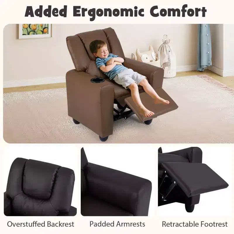 Fauteuil inclinable pour enfants Costway avec porte-gobelet et poche latérale Dossier et repose-pieds réglables Beige/Noir/Rose/Marron