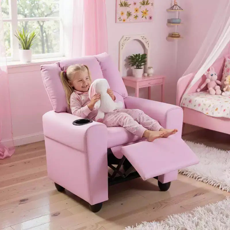 Fauteuil inclinable pour enfants Costway avec porte-gobelet et poche latérale Dossier et repose-pieds réglables Beige/Noir/Rose/Marron