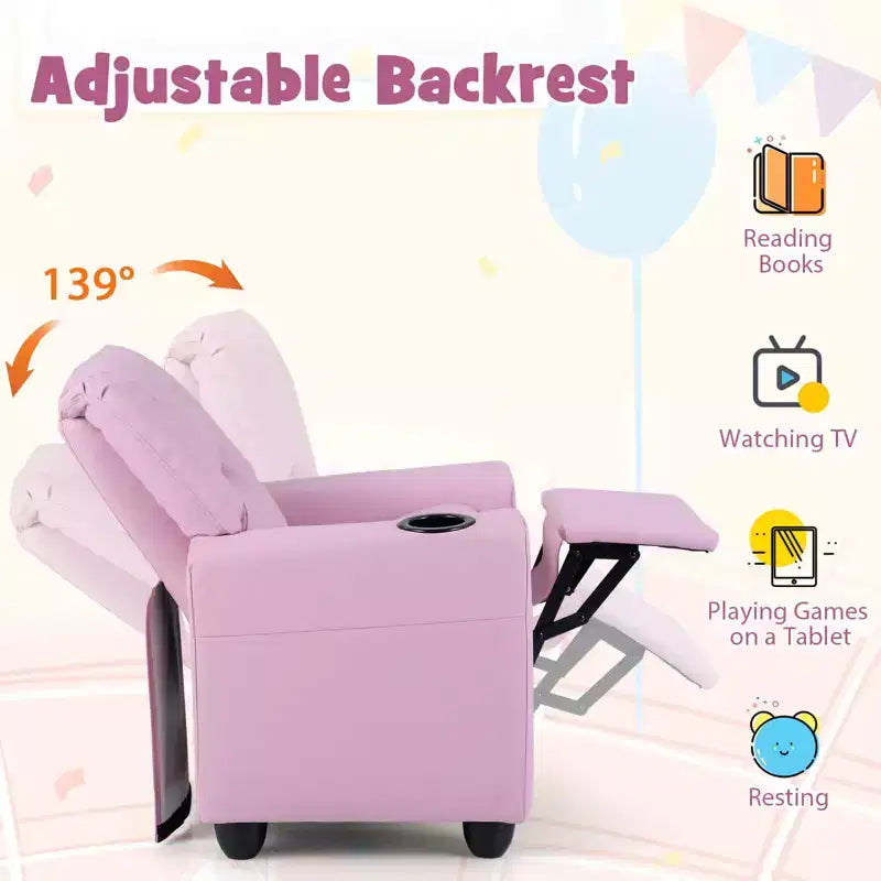 Fauteuil inclinable pour enfants Costway avec porte-gobelet et poche latérale Dossier et repose-pieds réglables Beige/Noir/Rose/Marron