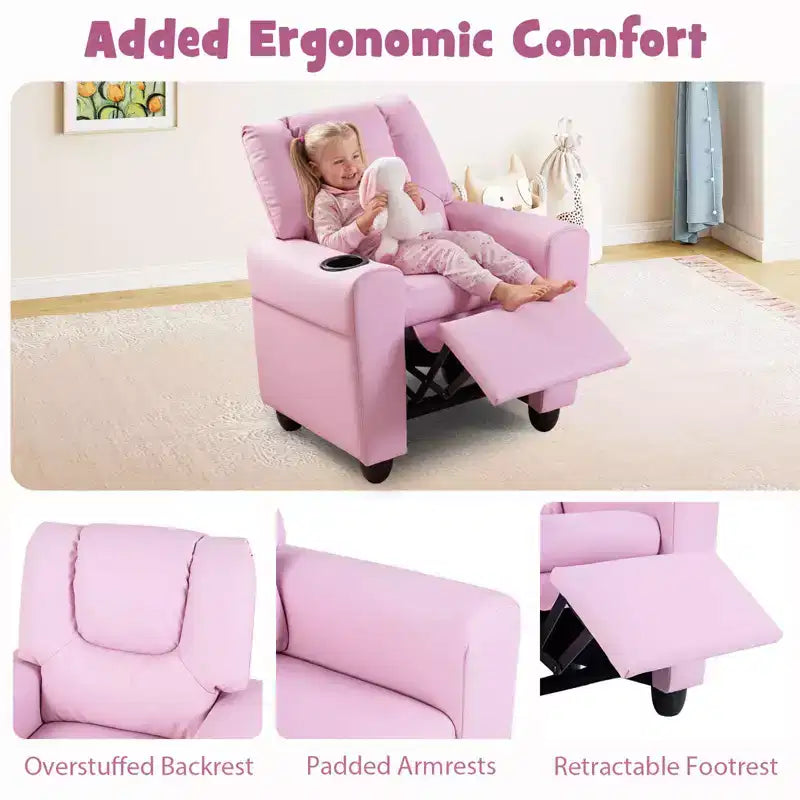 Fauteuil inclinable pour enfants Costway avec porte-gobelet et poche latérale Dossier et repose-pieds réglables Beige/Noir/Rose/Marron