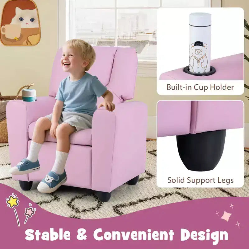 Fauteuil inclinable pour enfants Costway avec porte-gobelet et poche latérale Dossier et repose-pieds réglables Beige/Noir/Rose/Marron