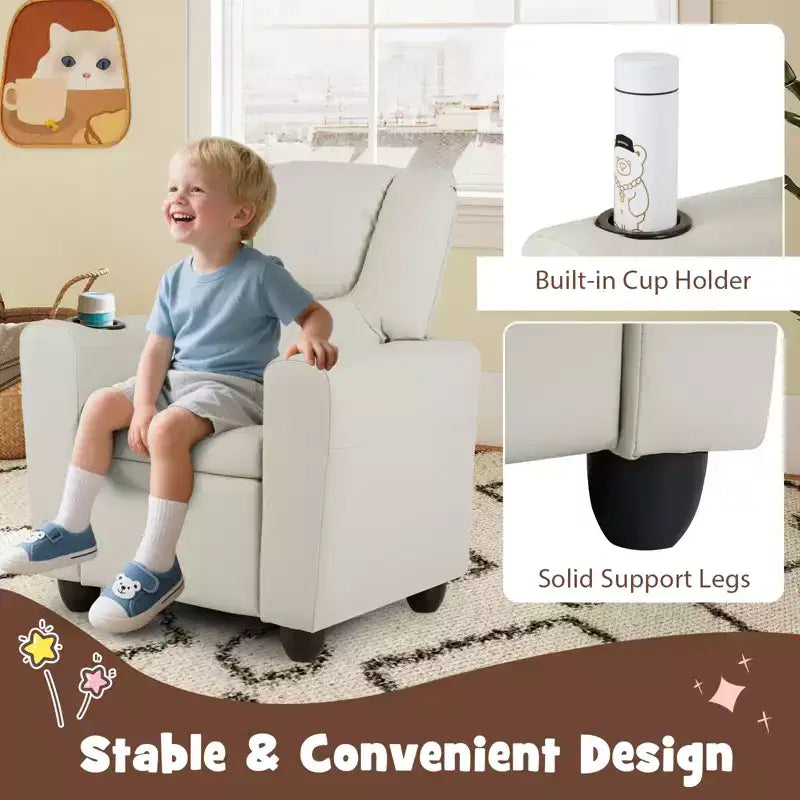 Fauteuil inclinable pour enfants Costway avec porte-gobelet et poche latérale Dossier et repose-pieds réglables Beige/Noir/Rose/Marron