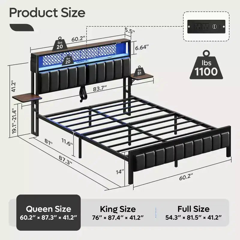 Lit plateforme Bestier toutes tailles (grand, très grand, etc.) avec tête de lit capitonnée, éclairage LED, étagères latérales pliantes et station de charge intégrée à la tête de lit