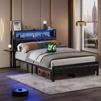 Lit plateforme Bestier toutes tailles (grand, très grand, etc.) avec tête de lit capitonnée, éclairage LED, étagères latérales pliantes et station de charge intégrée à la tête de lit