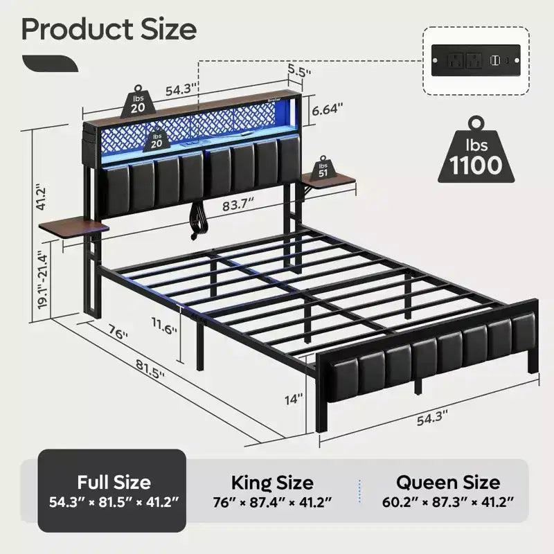 Lit plateforme Bestier toutes tailles (grand, très grand, etc.) avec tête de lit capitonnée, éclairage LED, étagères latérales pliantes et station de charge intégrée à la tête de lit