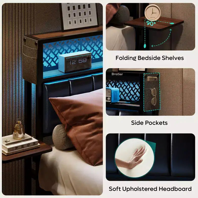 Lit plateforme Bestier toutes tailles (grand, très grand, etc.) avec tête de lit capitonnée, éclairage LED, étagères latérales pliantes et station de charge intégrée à la tête de lit