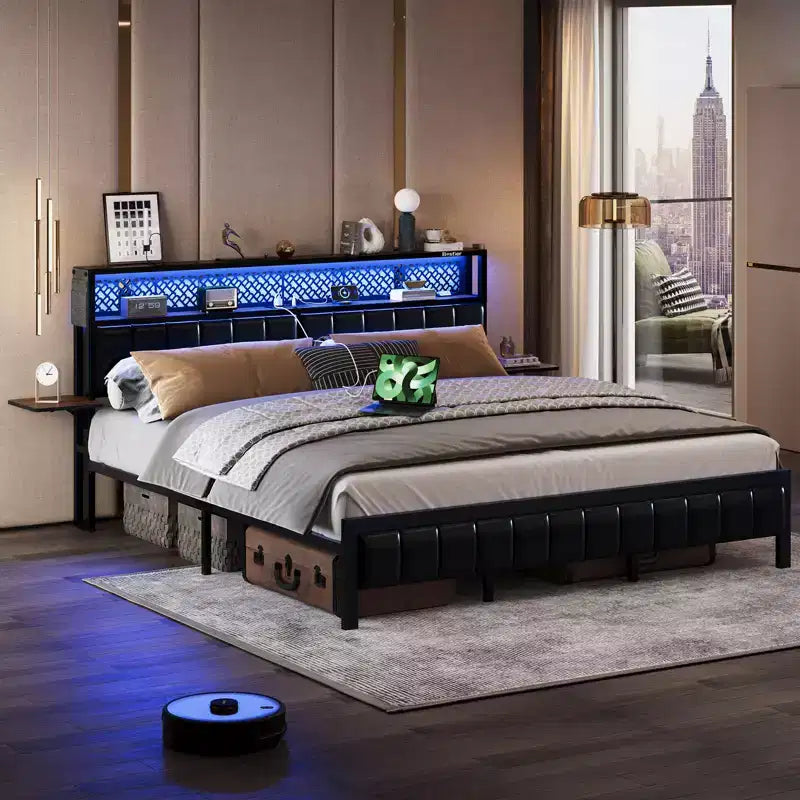 Lit plateforme Bestier toutes tailles (grand, très grand, etc.) avec tête de lit capitonnée, éclairage LED, étagères latérales pliantes et station de charge intégrée à la tête de lit