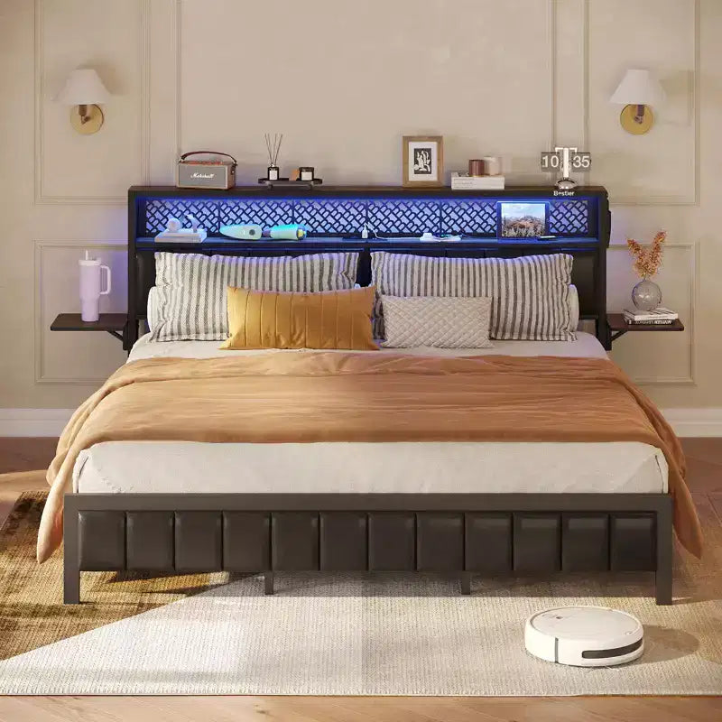Lit plateforme Bestier toutes tailles (grand, très grand, etc.) avec tête de lit capitonnée, éclairage LED, étagères latérales pliantes et station de charge intégrée à la tête de lit