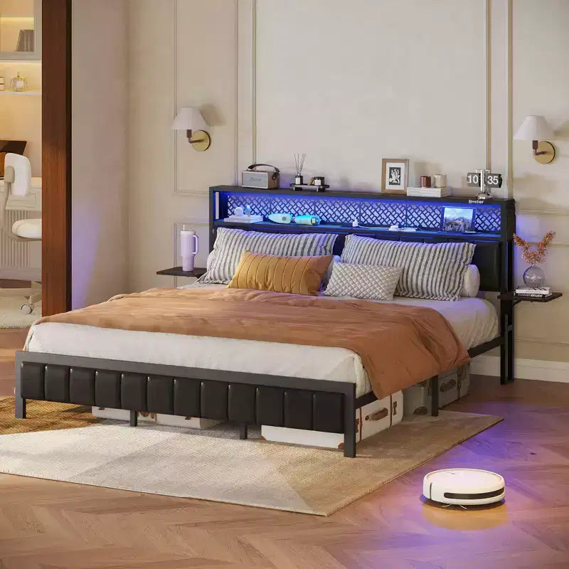 Lit plateforme Bestier toutes tailles (grand, très grand, etc.) avec tête de lit capitonnée, éclairage LED, étagères latérales pliantes et station de charge intégrée à la tête de lit