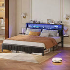 Lit plateforme Bestier toutes tailles (grand, très grand, etc.) avec tête de lit capitonnée, éclairage LED, étagères latérales pliantes et station de charge intégrée à la tête de lit