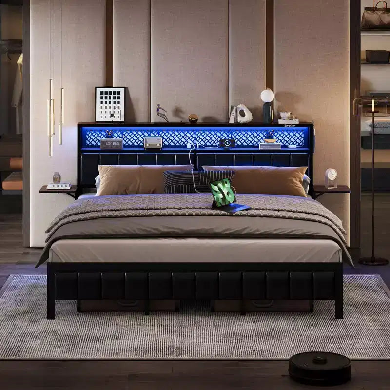Lit plateforme Bestier toutes tailles (grand, très grand, etc.) avec tête de lit capitonnée, éclairage LED, étagères latérales pliantes et station de charge intégrée à la tête de lit
