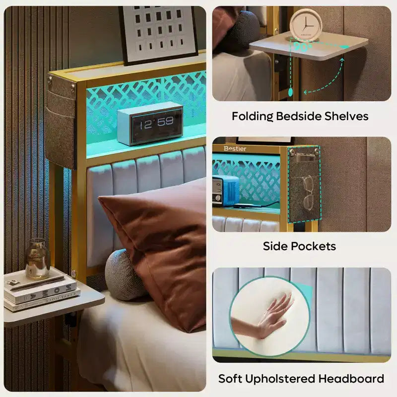 Lit plateforme Bestier toutes tailles (grand, très grand, etc.) avec tête de lit capitonnée, éclairage LED, étagères latérales pliantes et station de charge intégrée à la tête de lit