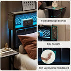 Lit plateforme Bestier toutes tailles (grand, très grand, etc.) avec tête de lit capitonnée, éclairage LED, étagères latérales pliantes et station de charge intégrée à la tête de lit