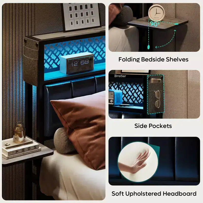 Lit plateforme Bestier toutes tailles (grand, très grand, etc.) avec tête de lit capitonnée, éclairage LED, étagères latérales pliantes et station de charge intégrée à la tête de lit