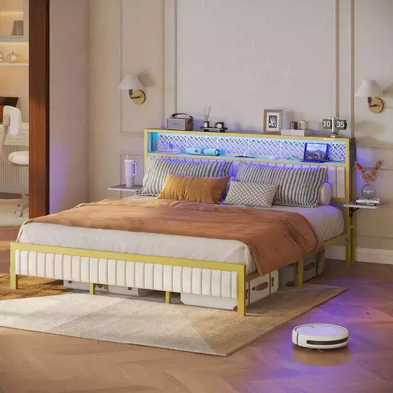 Lit plateforme Bestier toutes tailles (grand, très grand, etc.) avec tête de lit capitonnée, éclairage LED, étagères latérales pliantes et station de charge intégrée à la tête de lit