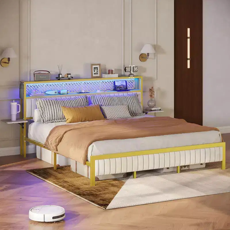 Lit plateforme Bestier toutes tailles (grand, très grand, etc.) avec tête de lit capitonnée, éclairage LED, étagères latérales pliantes et station de charge intégrée à la tête de lit