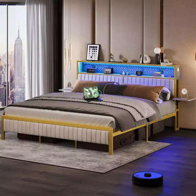 Lit plateforme Bestier toutes tailles (grand, très grand, etc.) avec tête de lit capitonnée, éclairage LED, étagères latérales pliantes et station de charge intégrée à la tête de lit