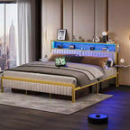 Lit plateforme Bestier toutes tailles (grand, très grand, etc.) avec tête de lit capitonnée, éclairage LED, étagères latérales pliantes et station de charge intégrée à la tête de lit