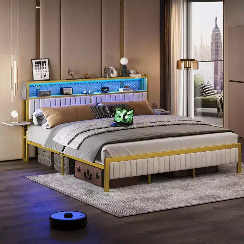 Lit plateforme Bestier toutes tailles (grand, très grand, etc.) avec tête de lit capitonnée, éclairage LED, étagères latérales pliantes et station de charge intégrée à la tête de lit