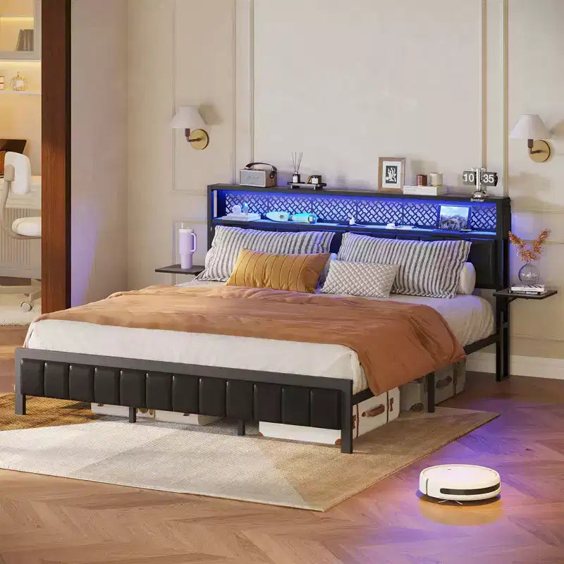 Lit plateforme Bestier toutes tailles (grand, très grand, etc.) avec tête de lit capitonnée, éclairage LED, étagères latérales pliantes et station de charge intégrée à la tête de lit