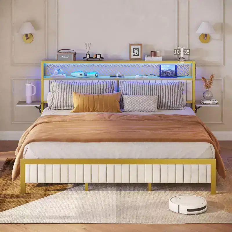 Lit plateforme Bestier toutes tailles (grand, très grand, etc.) avec tête de lit capitonnée, éclairage LED, étagères latérales pliantes et station de charge intégrée à la tête de lit