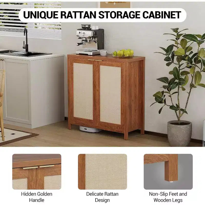 Buffet en rotin - Grand meuble de rangement de cuisine avec rangements en rotin