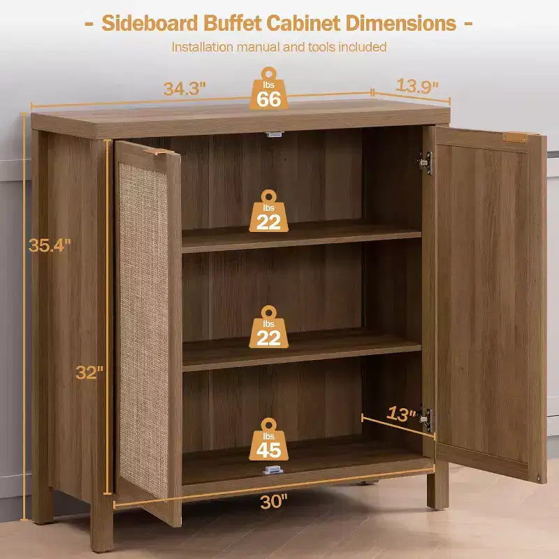 Buffet en rotin - Grand meuble de rangement de cuisine avec rangements en rotin