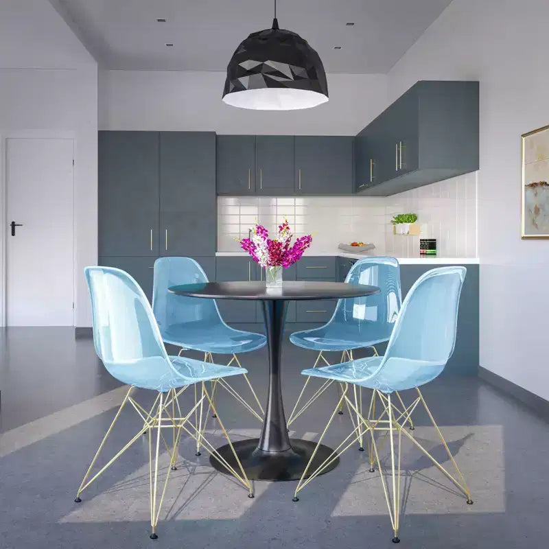 Ensemble de salle à manger 5 pièces LeisureMod avec table de salle à manger ronde de 35 po à piédestal en fer et 4 chaises d'appoint en plastique ABS avec base dorée