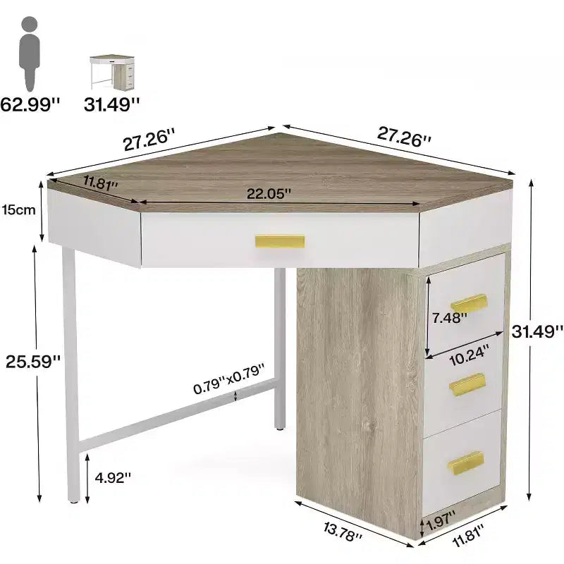 Bureau d'angle Lantine, bureau d'ordinateur triangulaire avec 3 tiroirs pour le bureau à domicile, coiffeuse à 90 degrés pour le salon, la chambre à coucher