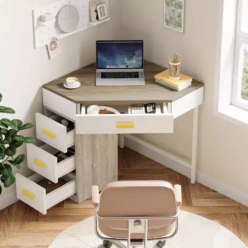 Bureau d'angle Lantine, bureau d'ordinateur triangulaire avec 3 tiroirs pour le bureau à domicile, coiffeuse à 90 degrés pour le salon, la chambre à coucher