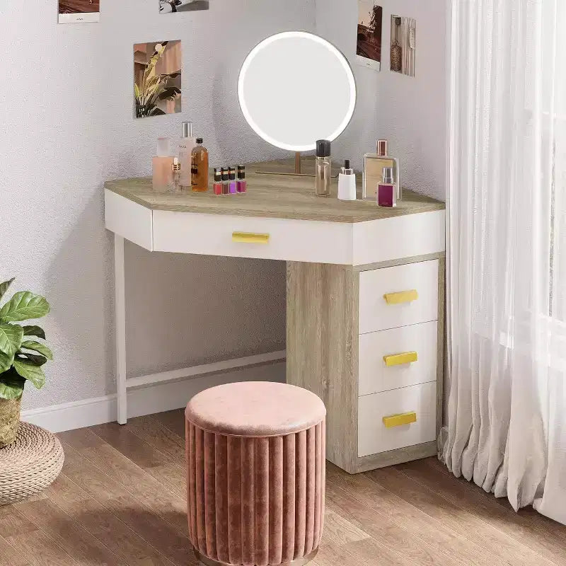 Bureau d'angle Lantine, bureau d'ordinateur triangulaire avec 3 tiroirs pour le bureau à domicile, coiffeuse à 90 degrés pour le salon, la chambre à coucher