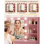 HYLEORY Coiffeuse avec miroir, prise de courant et 10 ampoules, table de maquillage avec 3 tiroirs, 3 modes de couleur disponibles pour chambre à coucher