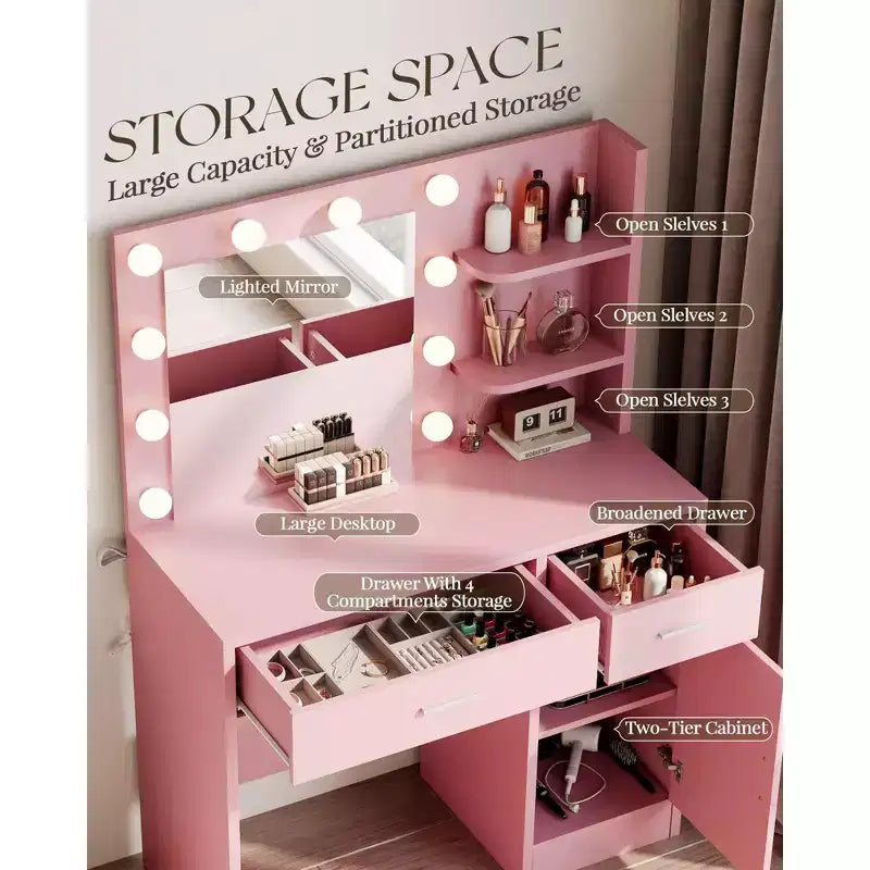 HYLEORY Coiffeuse avec miroir, prise de courant et 10 ampoules, table de maquillage avec 3 tiroirs, 3 modes de couleur disponibles pour chambre à coucher