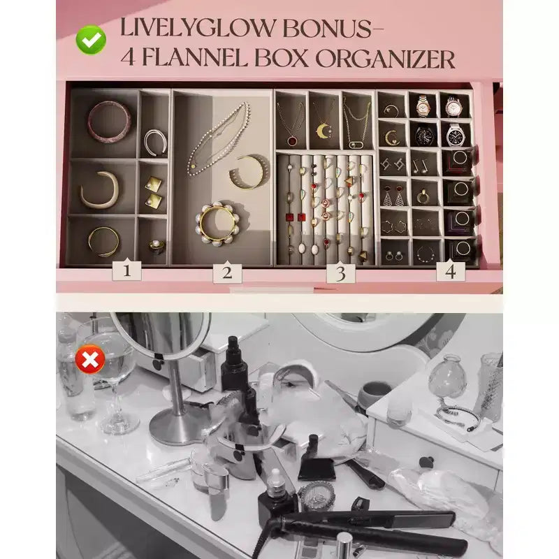 HYLEORY Coiffeuse avec miroir, prise de courant et 10 ampoules, table de maquillage avec 3 tiroirs, 3 modes de couleur disponibles pour chambre à coucher