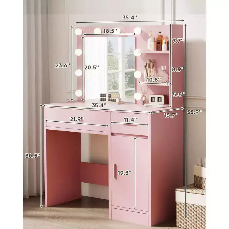 HYLEORY Coiffeuse avec miroir, prise de courant et 10 ampoules, table de maquillage avec 3 tiroirs, 3 modes de couleur disponibles pour chambre à coucher