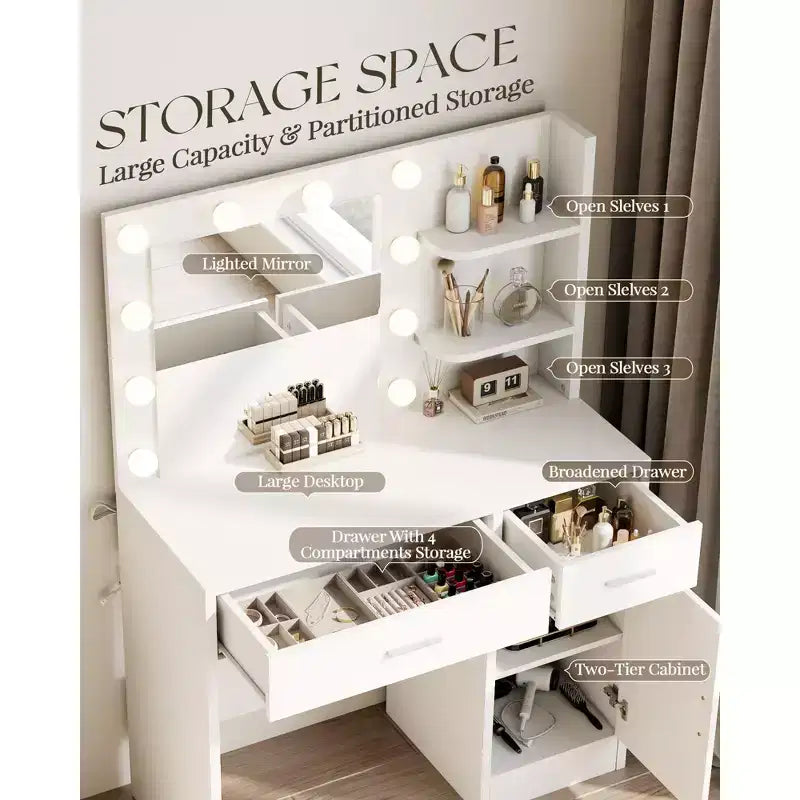 HYLEORY Coiffeuse avec miroir, prise de courant et 10 ampoules, table de maquillage avec 3 tiroirs, 3 modes de couleur disponibles pour chambre à coucher