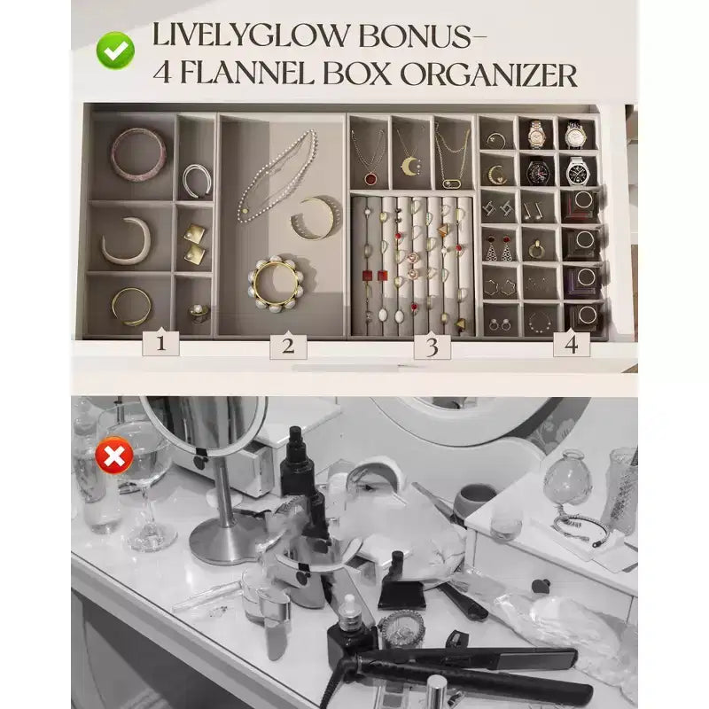 HYLEORY Coiffeuse avec miroir, prise de courant et 10 ampoules, table de maquillage avec 3 tiroirs, 3 modes de couleur disponibles pour chambre à coucher