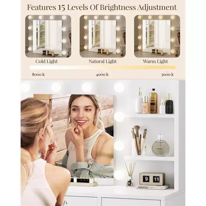HYLEORY Coiffeuse avec miroir, prise de courant et 10 ampoules, table de maquillage avec 3 tiroirs, 3 modes de couleur disponibles pour chambre à coucher