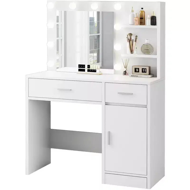 HYLEORY Coiffeuse avec miroir, prise de courant et 10 ampoules, table de maquillage avec 3 tiroirs, 3 modes de couleur disponibles pour chambre à coucher