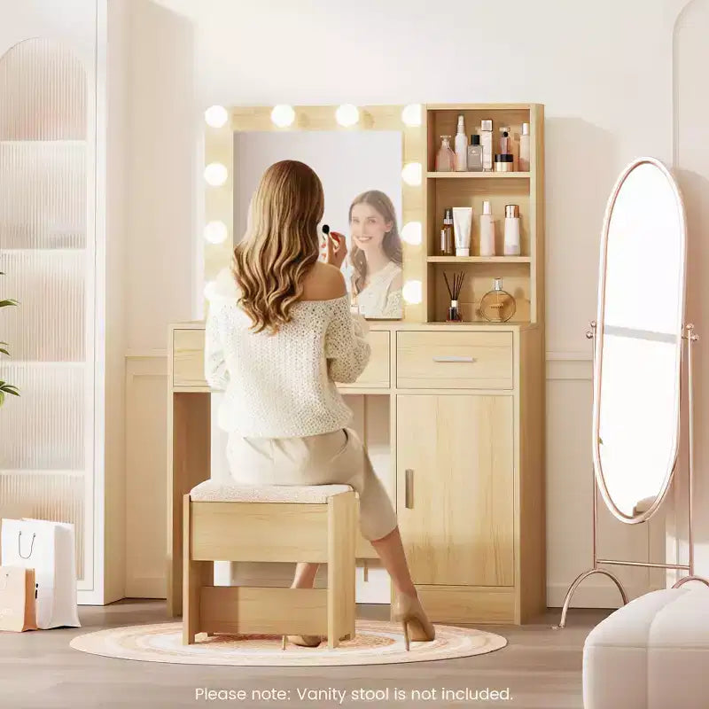HYLEORY Coiffeuse avec miroir, prise de courant et 10 ampoules, table de maquillage avec 3 tiroirs, 3 modes de couleur disponibles pour chambre à coucher