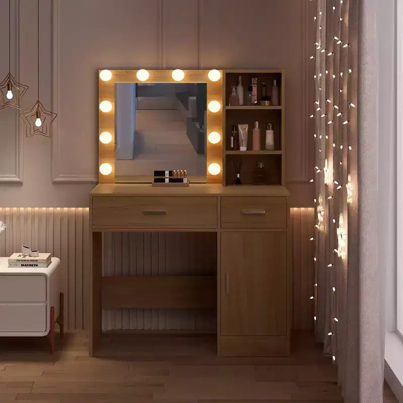 HYLEORY Coiffeuse avec miroir, prise de courant et 10 ampoules, table de maquillage avec 3 tiroirs, 3 modes de couleur disponibles pour chambre à coucher