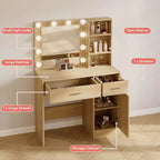HYLEORY Coiffeuse avec miroir, prise de courant et 10 ampoules, table de maquillage avec 3 tiroirs, 3 modes de couleur disponibles pour chambre à coucher
