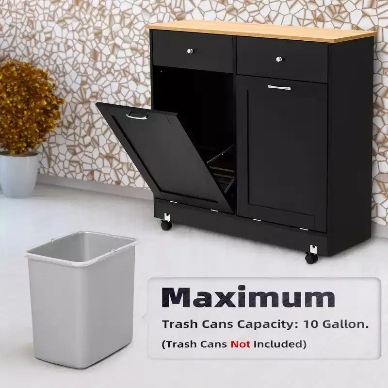 Meuble de poubelle à double inclinaison EROMMY avec 2 tiroirs, meuble de poubelle avec rangement sur roues, noir