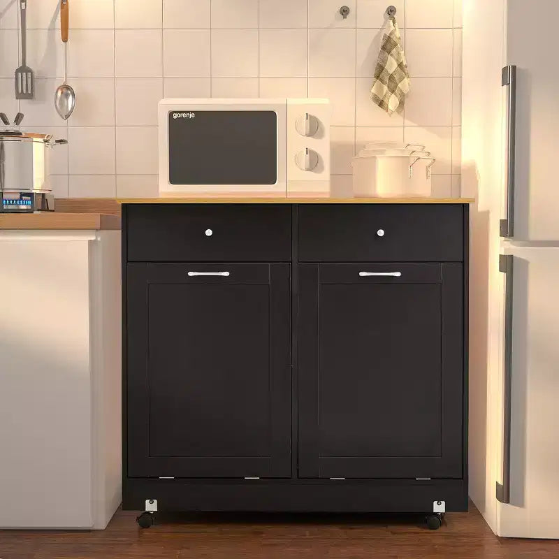 Meuble de poubelle à double inclinaison EROMMY avec 2 tiroirs, meuble de poubelle avec rangement sur roues, noir
