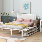 Lit plateforme en métal grand format avec étagères de rangement à deux niveaux et armoire de rangement en bois