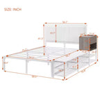 Lit plateforme en métal grand format avec étagères de rangement à deux niveaux et armoire de rangement en bois