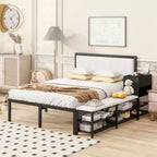 Lit plateforme en métal grand format avec étagères de rangement à deux niveaux et armoire de rangement en bois